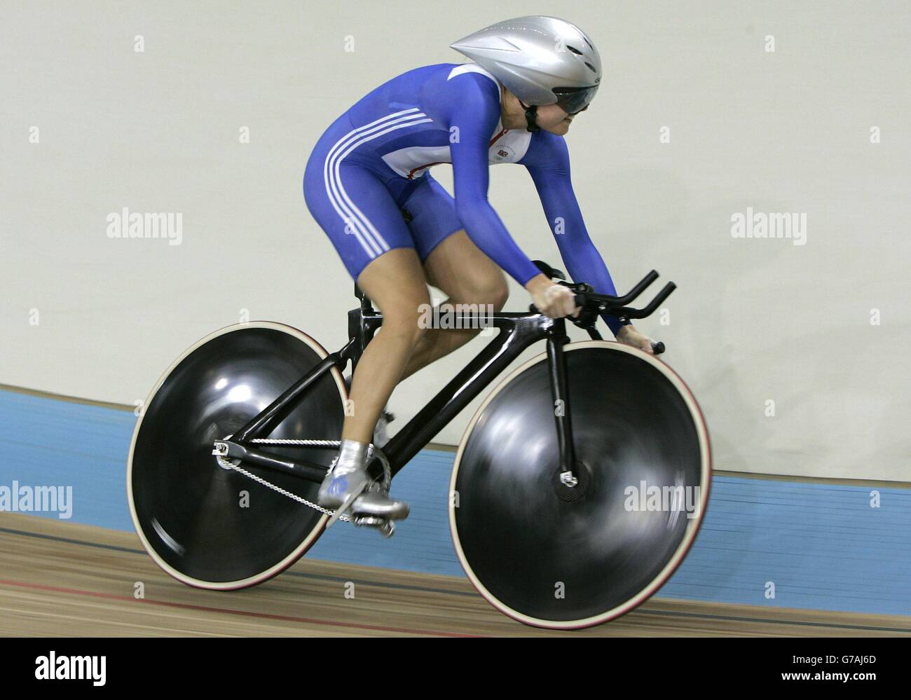 Great Britain's Victoria Pendleton competes in the Track Cycling Women's 500m Time Trial at the Olympic Velodrome in Athens, Greece. Pendleton finished in sixth place. Stock Photo