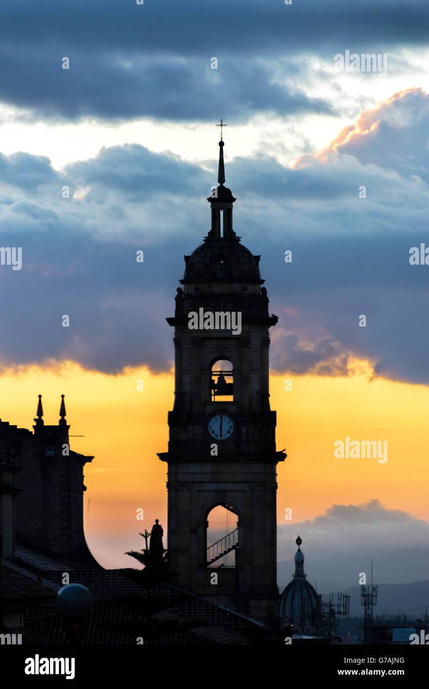 View of the spire of the cathedral in the center of Bogota, Colombia at sunset Stock Photo