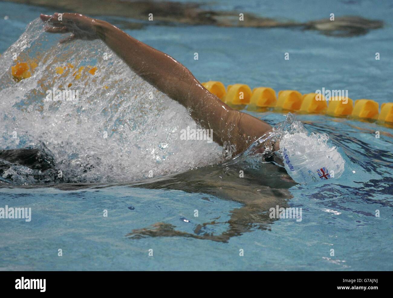 British swimmer James Goddard from Manchester on his way to winning the semi final of the Men's 200m Backstroke at the Olympic Aquatic Centre in Athens, Greece. Stock Photo