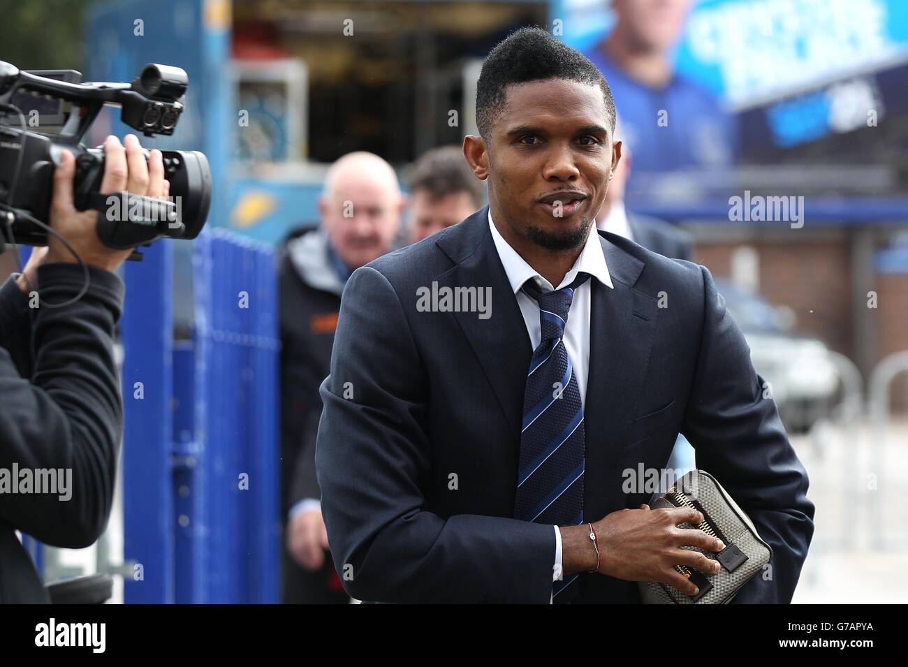 Everton's Samuel Eto'o is filmed as he arrives at Goodison Park for the ...
