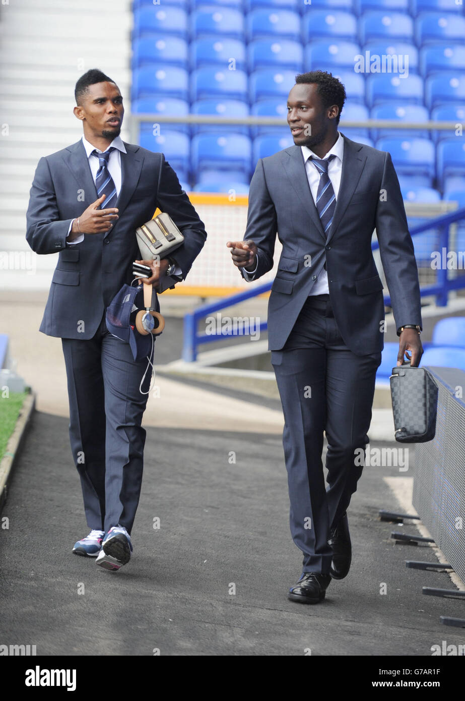 Everton's new signing Samuel Eto'o (left) before the Barclays Premier  League match at Goodison Park, Liverpool. PRESS ASSOCIATION Photo. Picture  date: Saturday August 30, 2014. See PA story SOCCER Everton. Photo credit