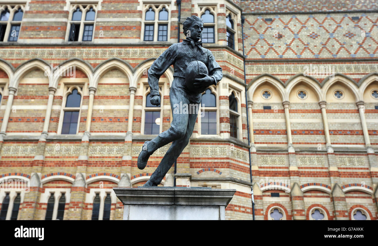 Rugby Union - Rugby School General View. The William Webb Ellis statue outside Rugby School in Rugby. Stock Photo