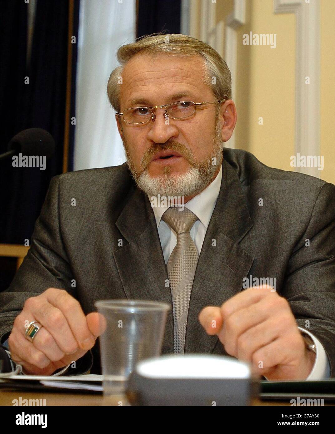 Chechen envoy Akhmed Zakayev speaking during a press conference in Westminster, London. Zakayev said he fears there will be further massacres in his homeland if Russian president Vladimir Putin does not hold peace talks with political parties in the region. Stock Photo