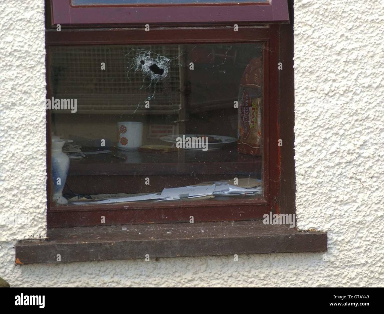 Bullet holes at an isolated cottage, outside Claudy, Co Londonderry where a farmer was found shot dead, possibly the victim of a feud over sheep-rustling. Stock Photo
