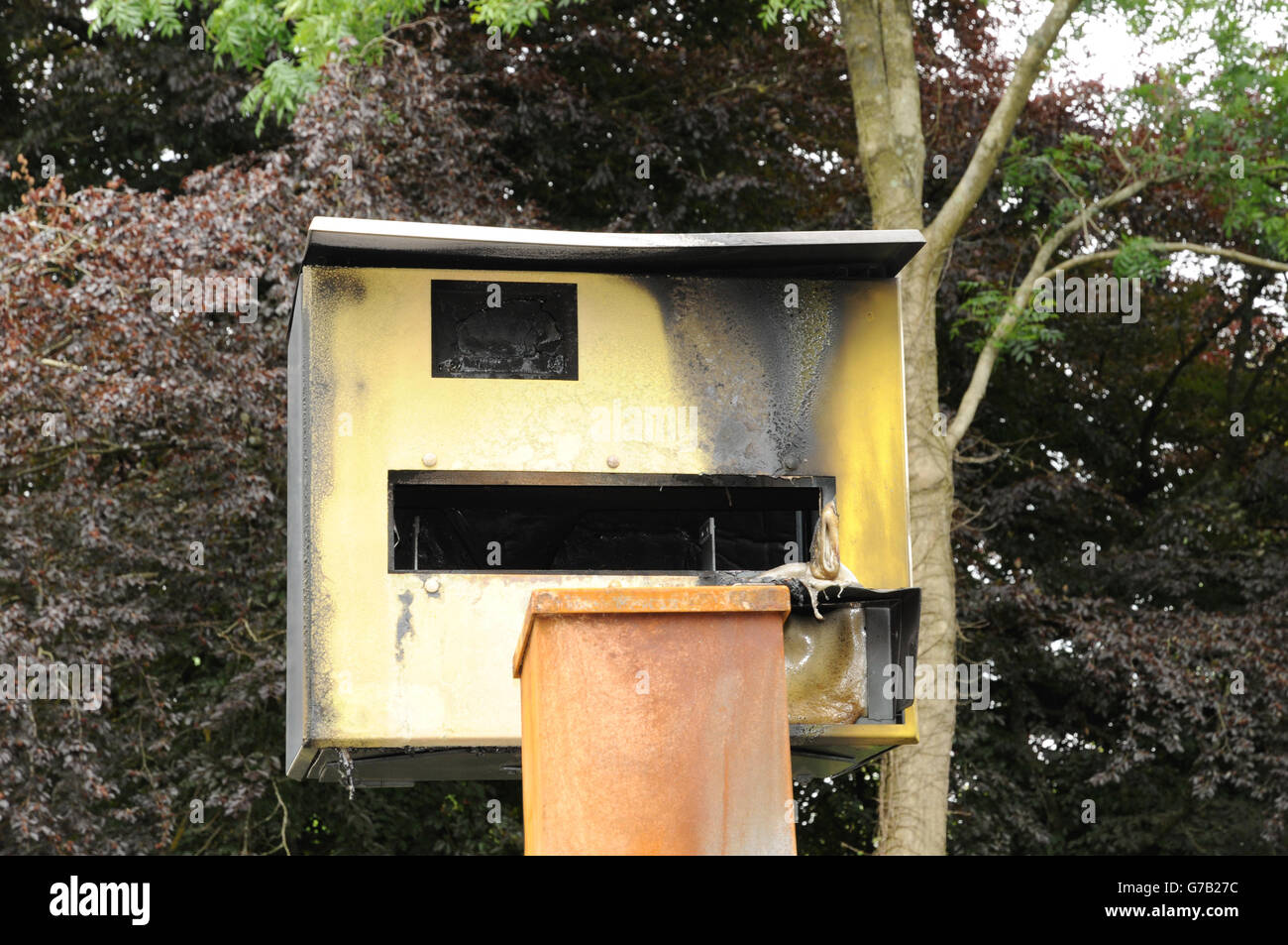A burned out speed camera at the roadside in the East Sussex village of Nutley. Stock Photo