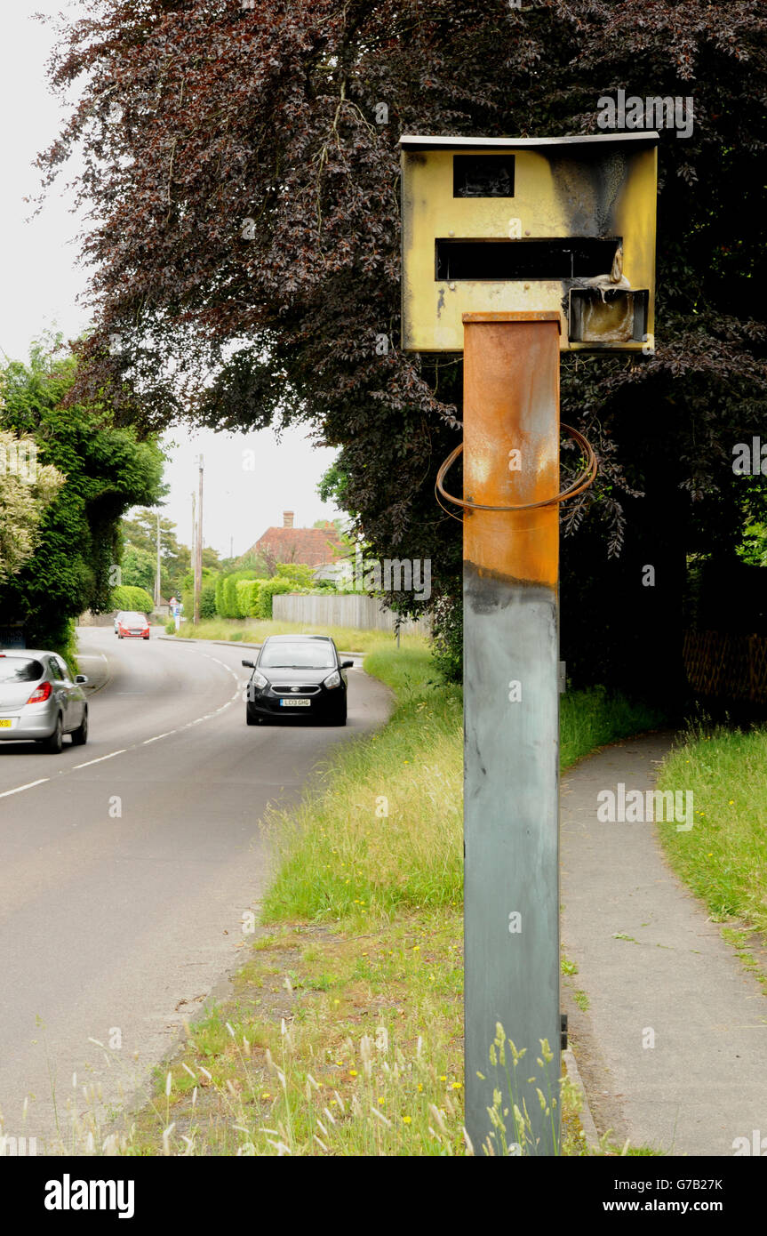 A burned out speed camera at the roadside in the East Sussex village of Nutley. Stock Photo