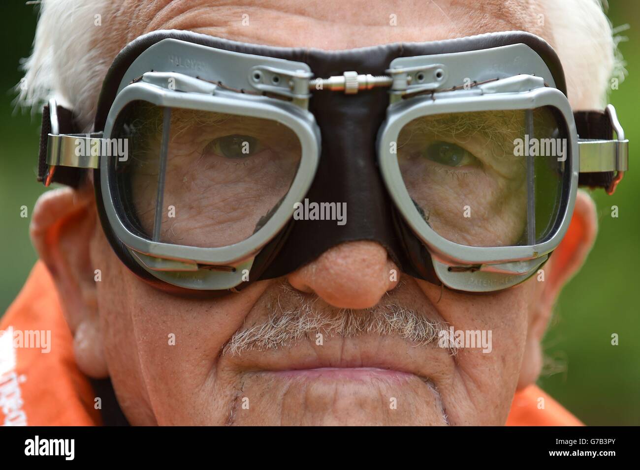 Tom Lackey, 94, at his home in Solihull, as he prepares to complete his 33rd wing walk on top of a Boeing Stearman biplane. Stock Photo