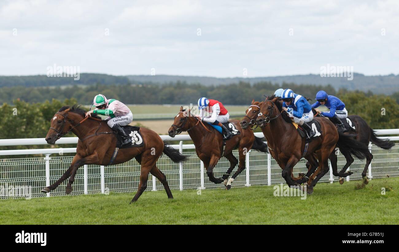 The Corsican (far left) ridden by Jim Crowley on the way to winning The Harwoods Group Handicap at Goodwood Racecourse, Chichester. Stock Photo