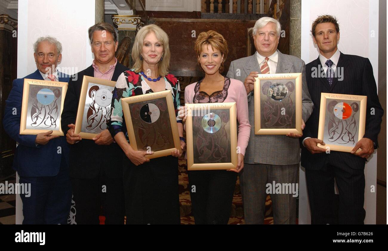 From left to right; actor Simon Callow, former cabinet member Michael Portillo, actress Joanna Lumley, newsreader Natasha Kaplinsky, war reporter John Simpson and Olympic gold medal-winning rower James Cracknell pose with the classical records they are championing during the nominations for Gramophone Record of the Year at the Mandarin Oriental in central London. Stock Photo