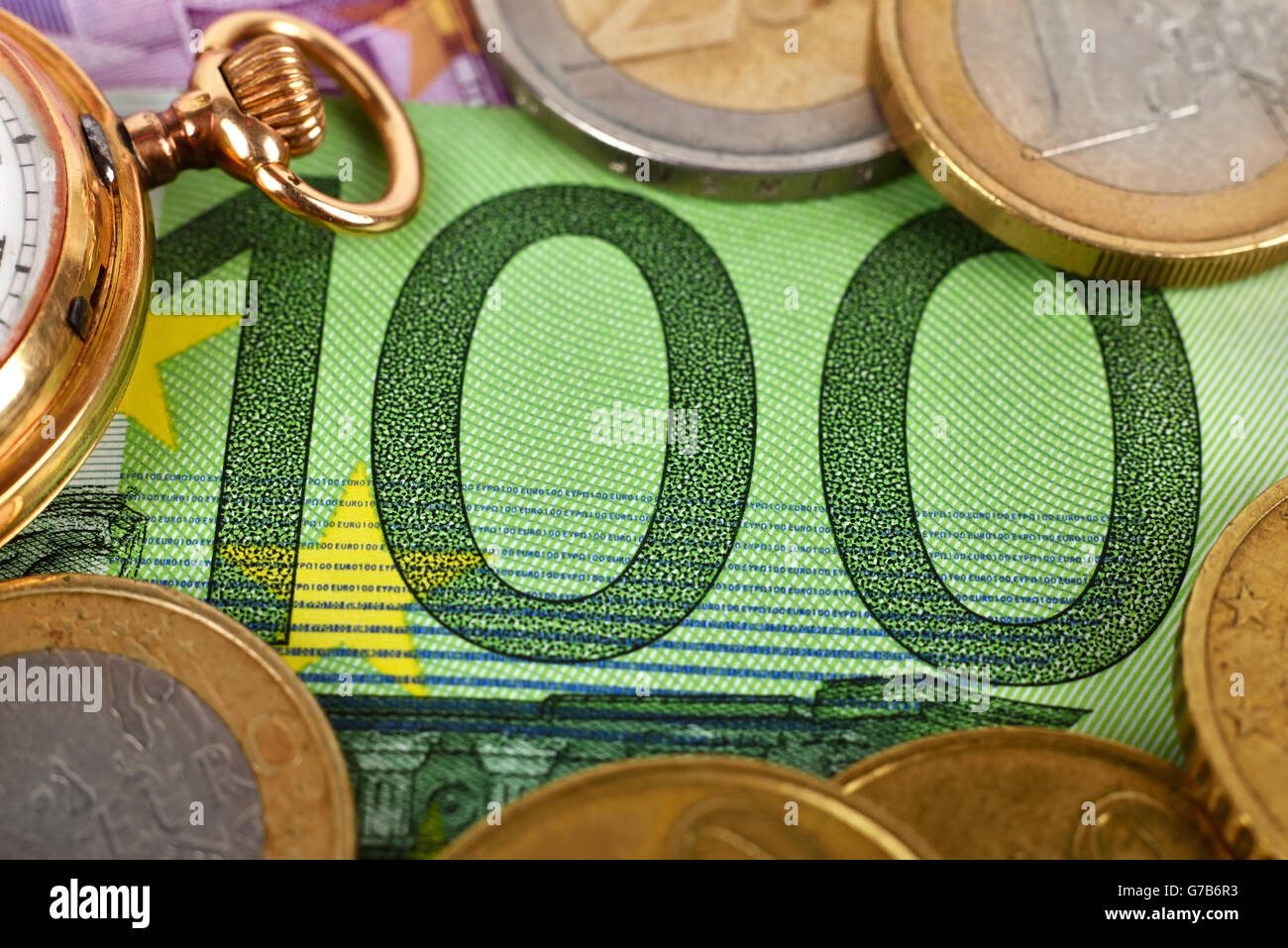 one hundred euro banknote and coins, close up Stock Photo - Alamy