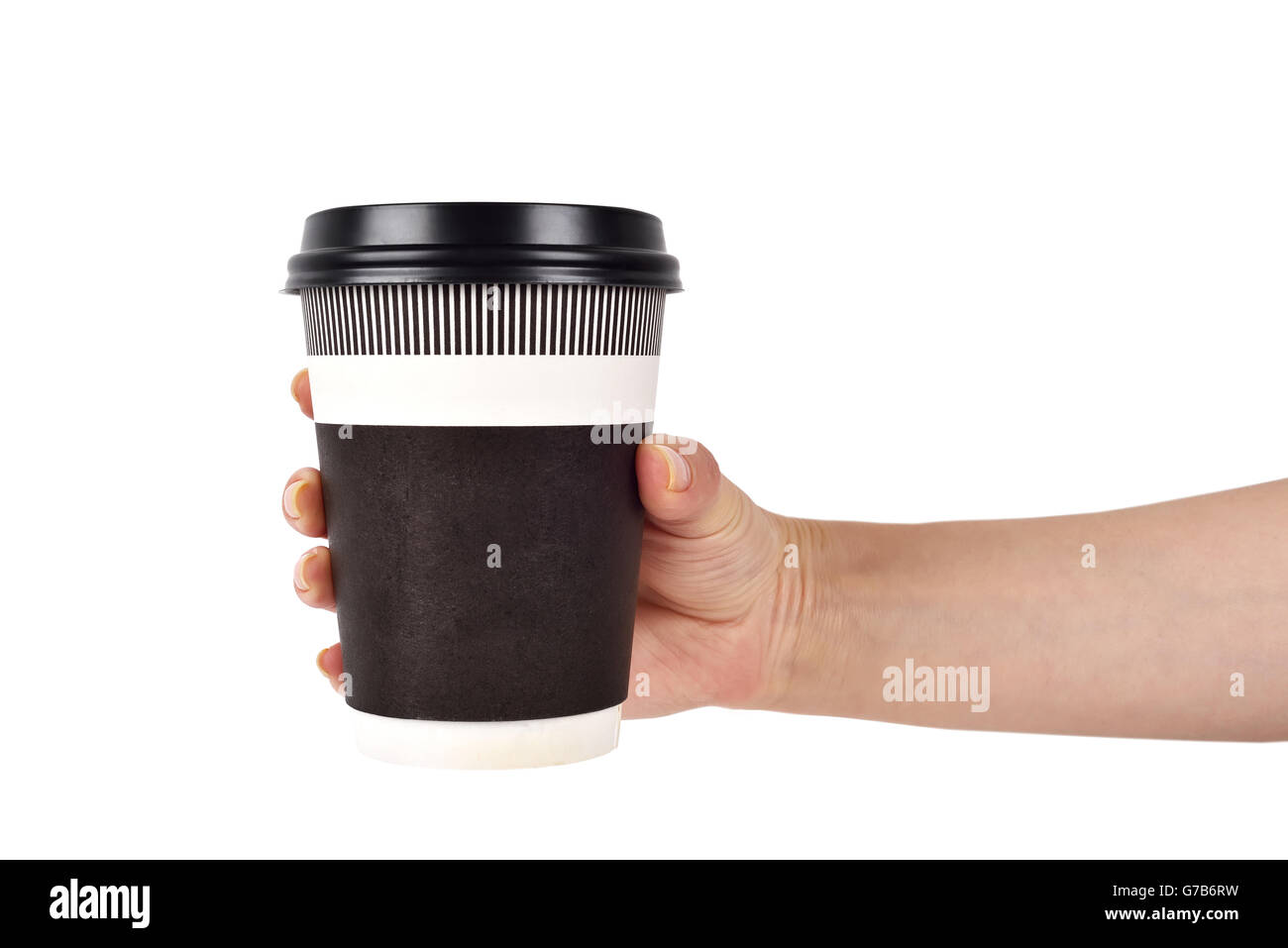 hand holding disposable coffee cup on a white background Stock Photo