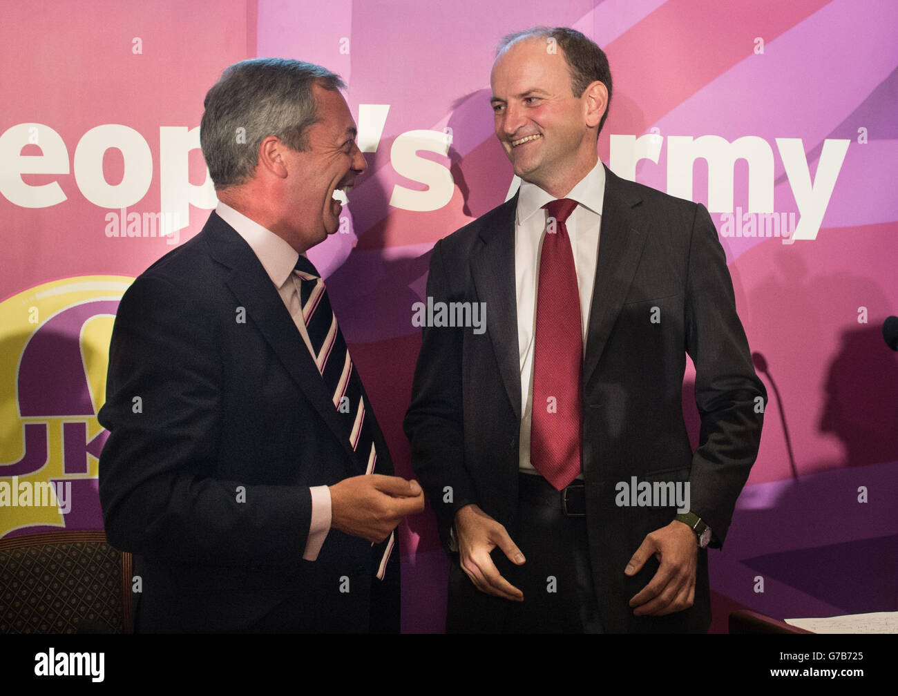 UKIP leader Nigel Farage (left) with Douglas Carswell during a press conference in central London where the Conservative MP defected to his party today. Stock Photo