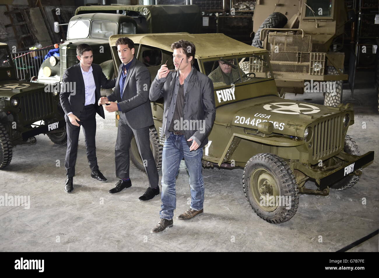 (left to right) Logan Lerman, Jon Bernthal and Brad Pitt during a