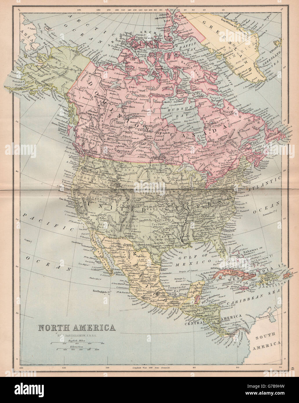NORTH AMERICA. Shows part of Greenland as Canadian. BARTHOLOMEW, 1878 old map Stock Photo