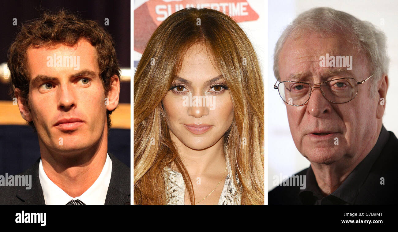 File photos of (from the left) Andy Murray, Jennifer Lopez and Sir Michael Caine. Stock Photo