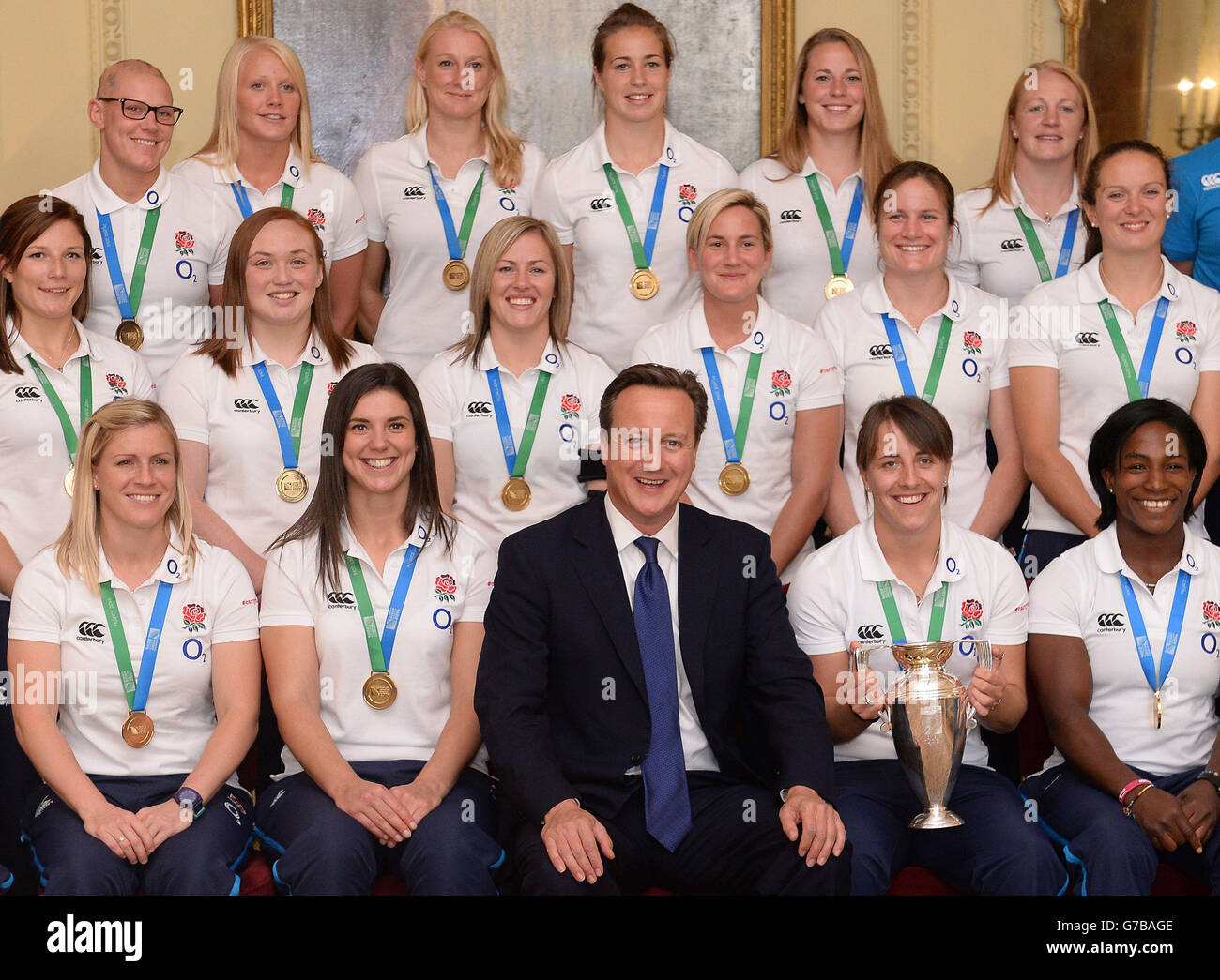 Prime Minister David Cameron meets the England Women's Rugby World Cup winning team during a reception at 0 Downing Street in London. Stock Photo