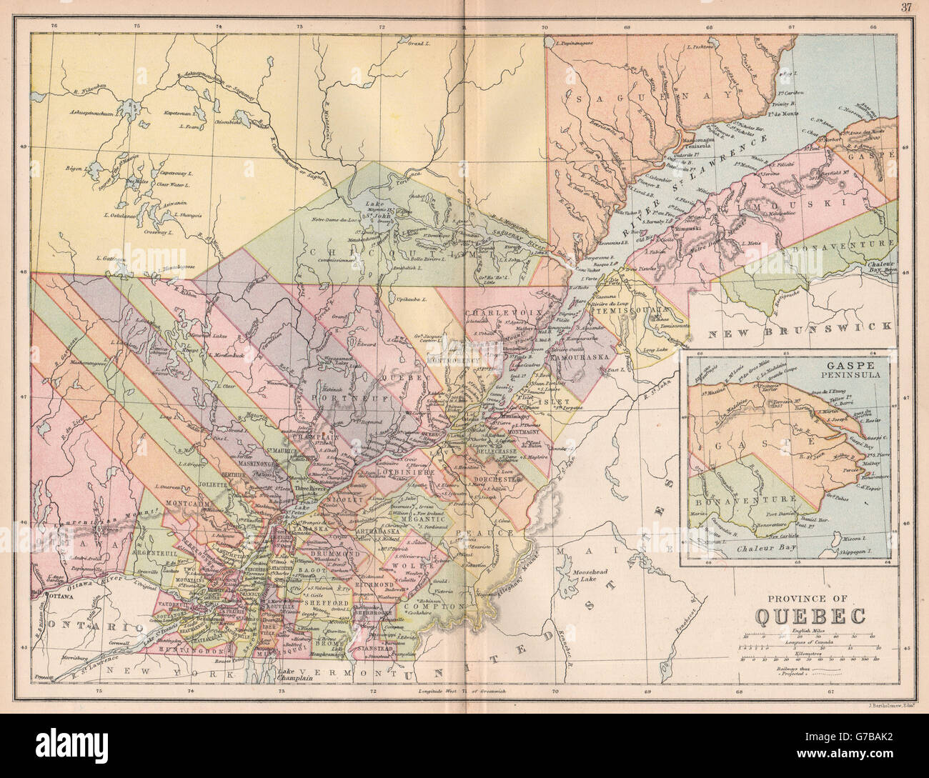 QUEBEC. St Lawrence. Counties. Railways. Canada. BARTHOLOMEW, 1878 antique map Stock Photo