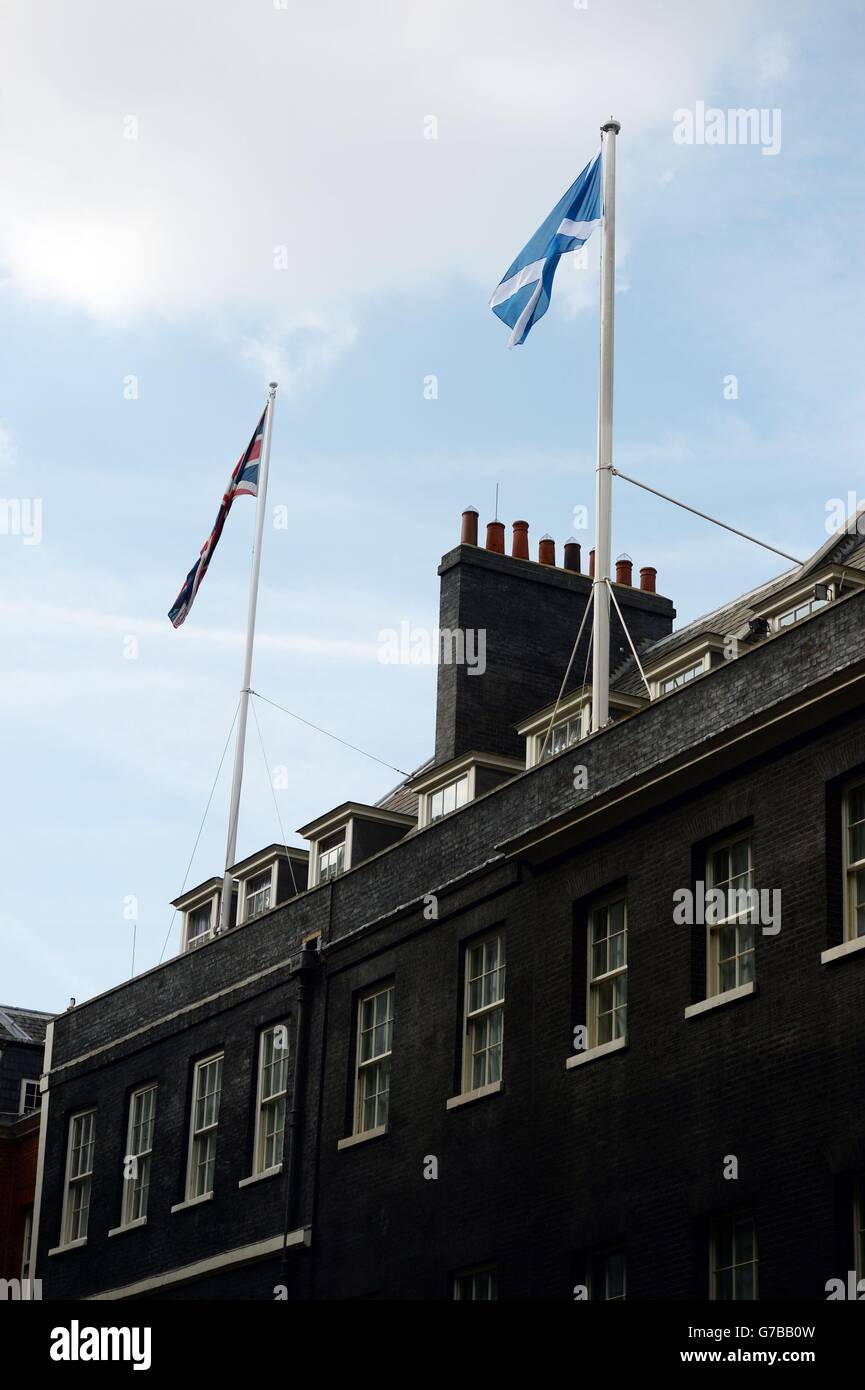 The Saltire flag is flown over 10 Downing Street in central London, the ...