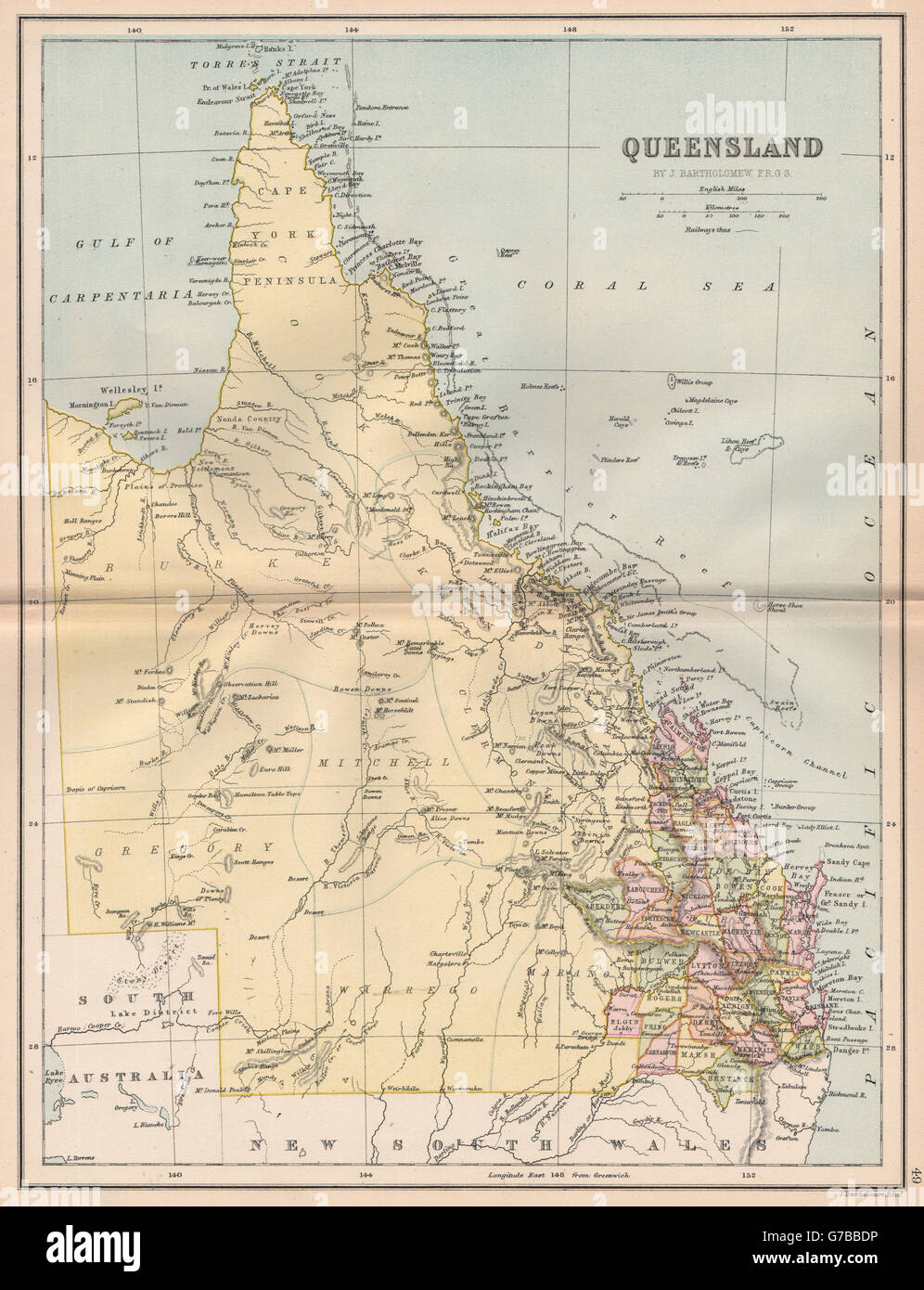 QUEENSLAND. State map shows 37 counties. Railways. Brisbane. Australia, 1878 Stock Photo