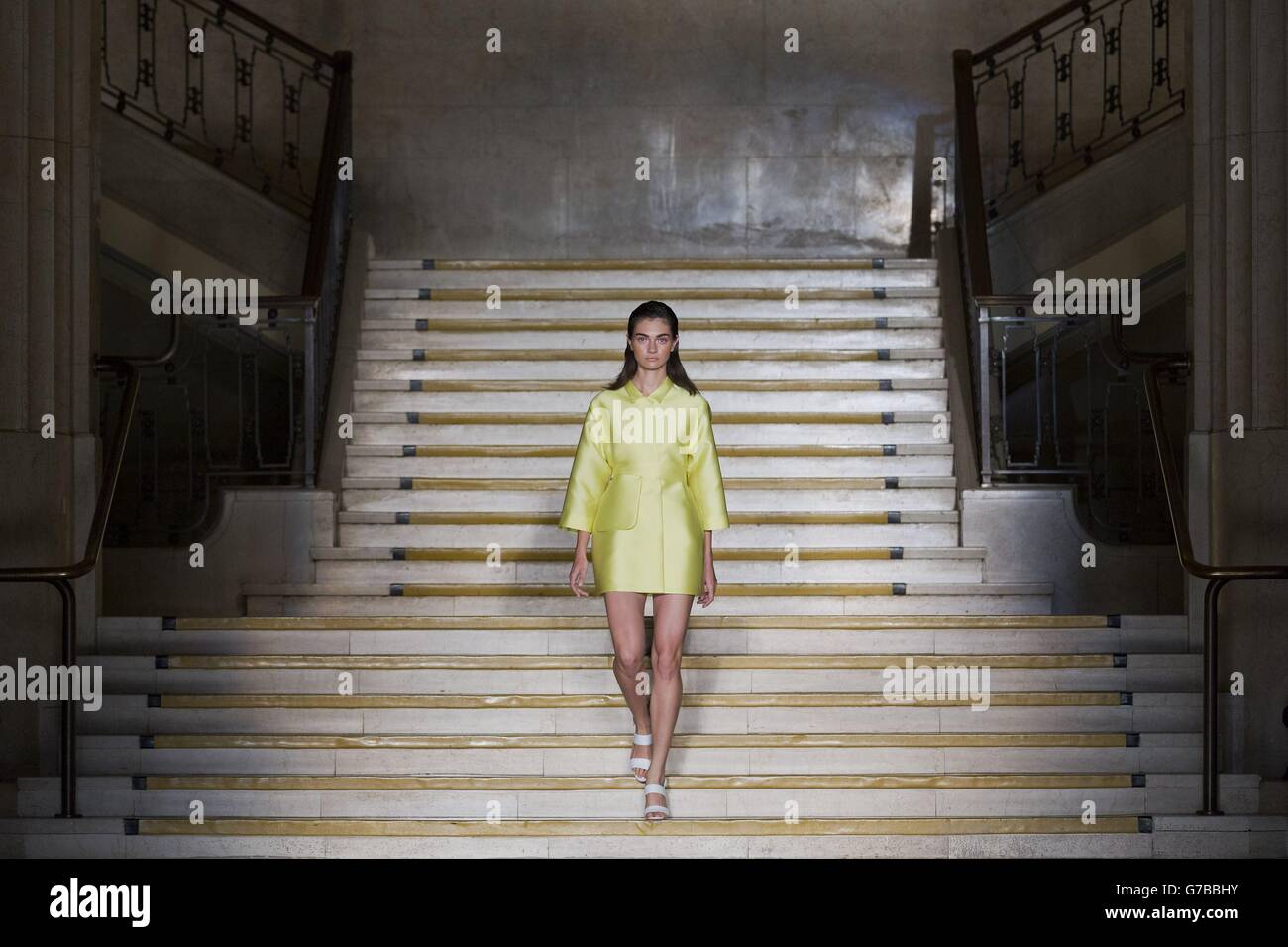 A model on the catwalk during the Emilia Wickstead catwalk show at The Banking Hall in London during London Fashion Week. Stock Photo