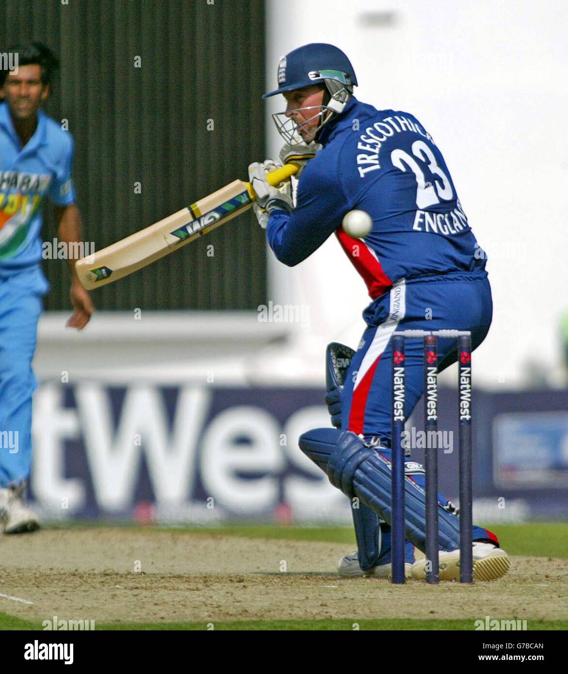 England's Marcus Trescothic swings his bat during the second Natwest Challenge one day international at The Oval, London. He reached 27 before being caught off Harbhajan Singh. Stock Photo