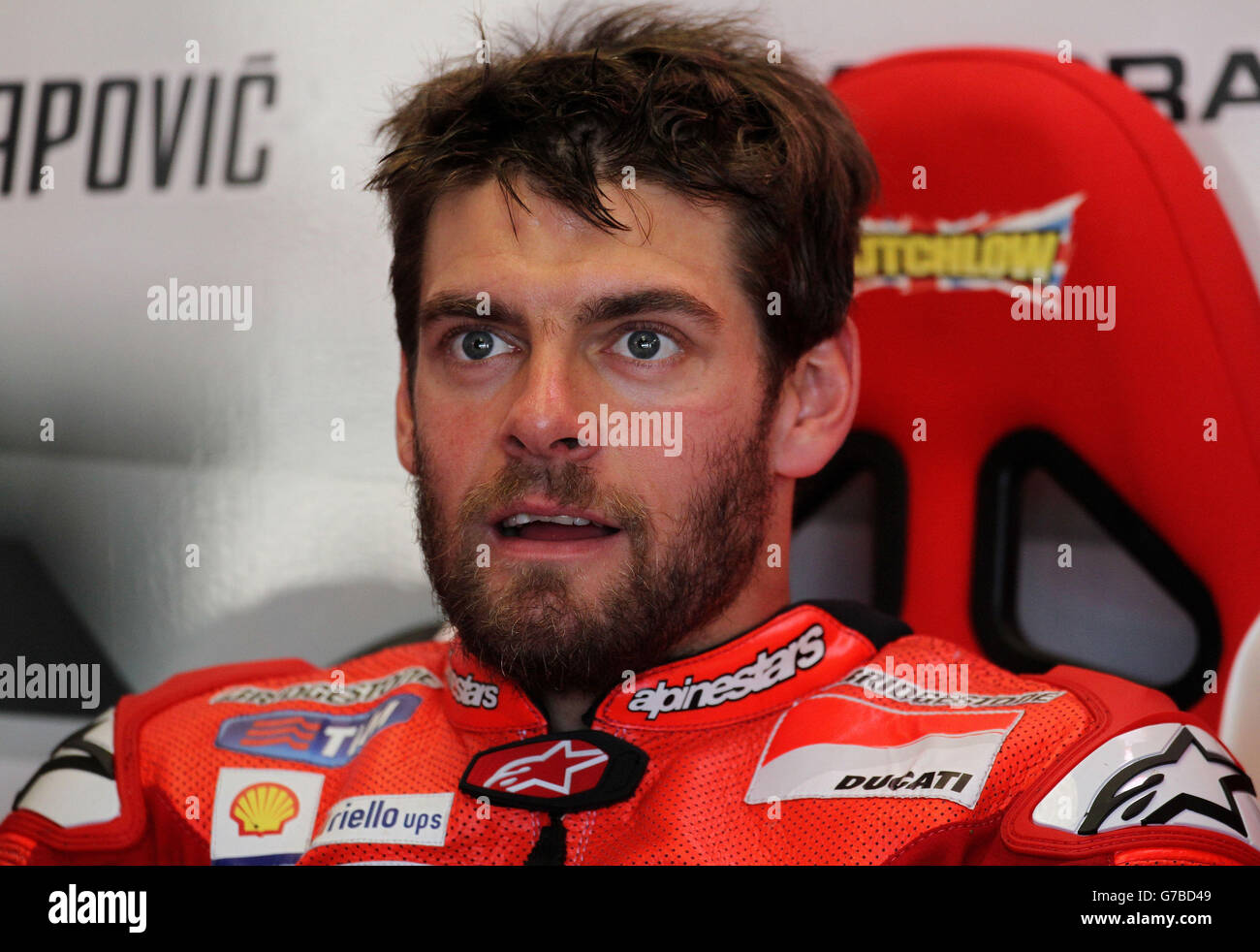 Ducati's Cal Crutchlow during morning warm up at the Moto GP Hertz British Grand Prix race at Silverstone Circuit, Northamptonshire. Stock Photo