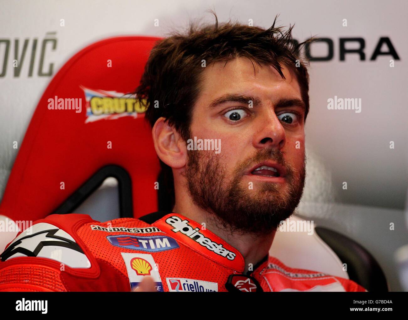Ducati's Cal Crutchlow during morning warm up before the Moto GP Hertz British Grand Prix race at Silverstone Circuit, Northamptonshire. Stock Photo