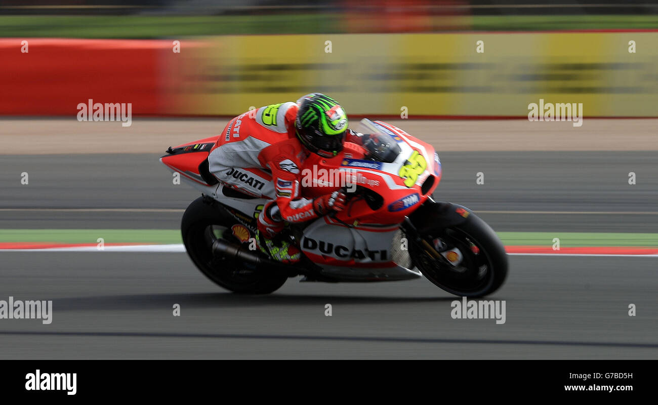 Ducati's Cal Crutchlow during a morning warm up before the Moto GP Hertz British Grand Prix race at Silverstone Circuit, Northamptonshire. Stock Photo