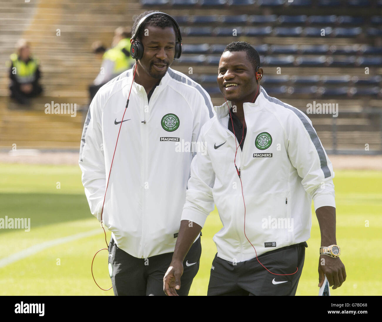 Celtic's Wakaso Mubarak (right) and Efe Ambrose (left) before the Scottish Premiership match at Dens Park, Dundee. Stock Photo
