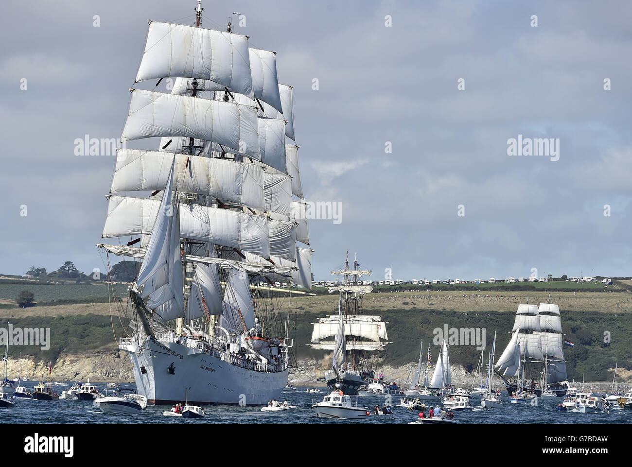 Tall ships taking part in the Parade of Sail from Falmouth harbour as