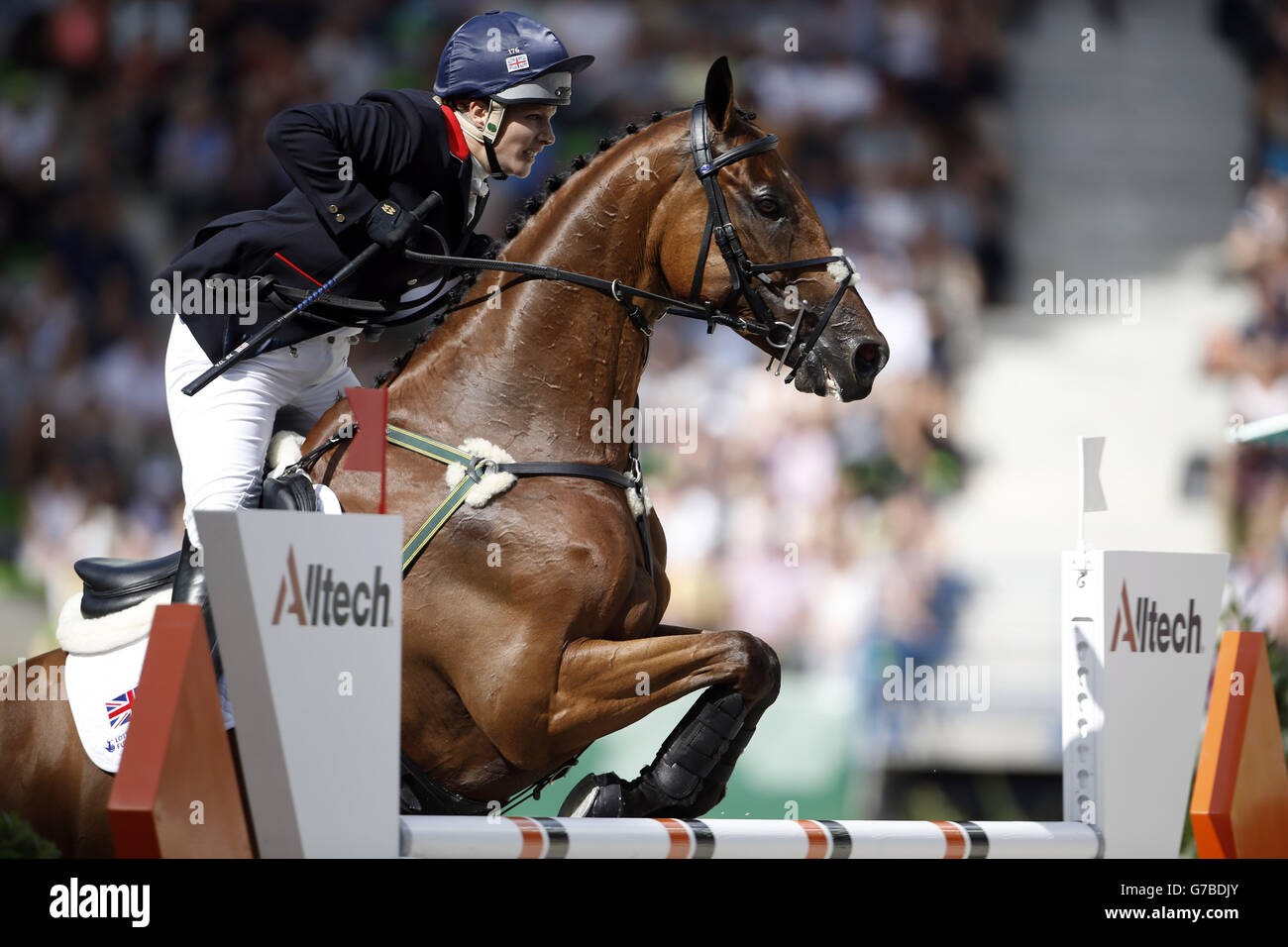 Great Britain's Zara Phillips riding High Kingdom competes in the final phase oif the Eventing competition during day eight of the Alltech FEI World Equestrian Games at Stade D'Ornano, Normandie, France. Stock Photo