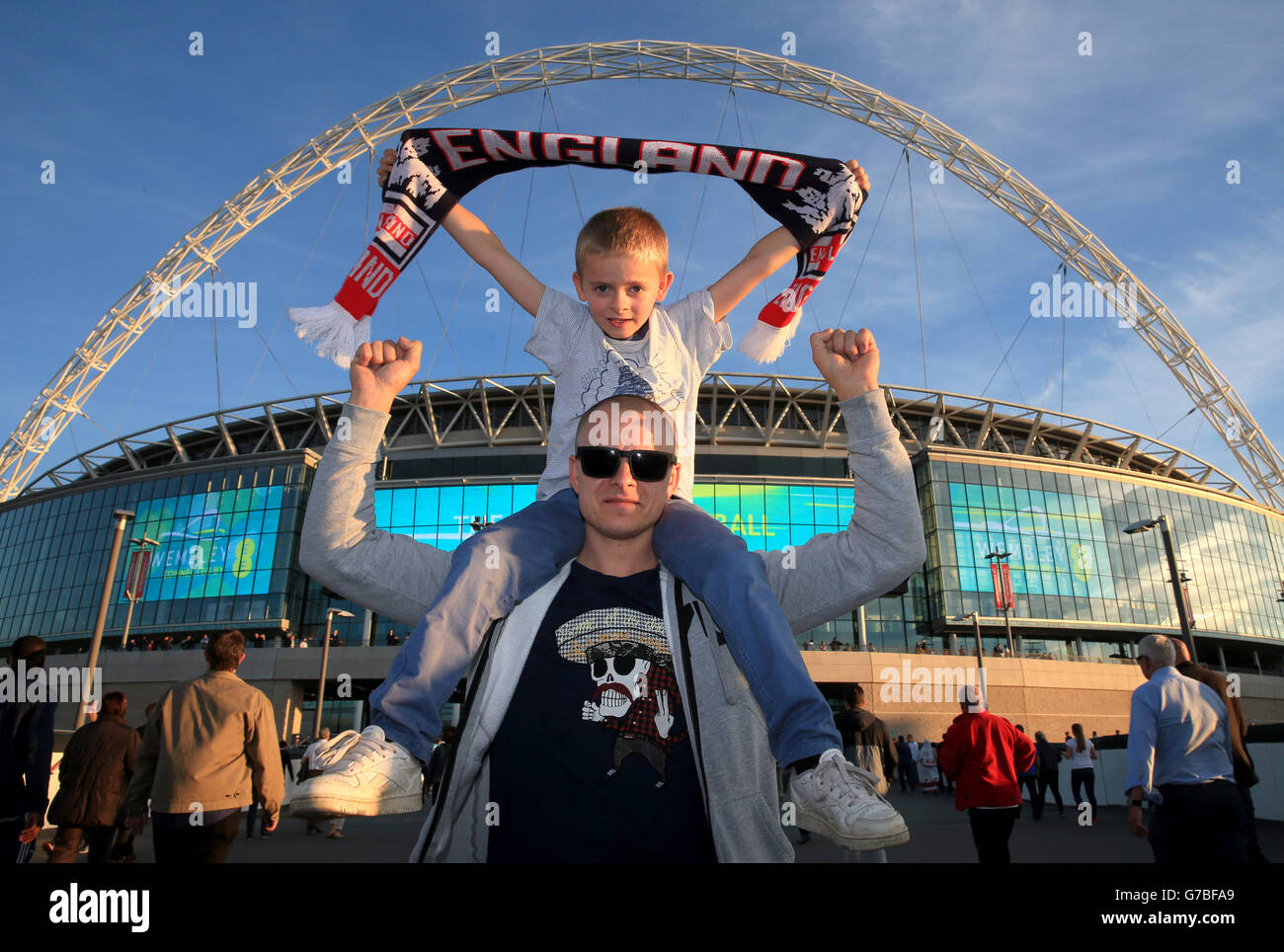 England fans Pavel and Patrick pose for a photograph on Wembley Way before the International Friendly at Wembley Stadium, London. PRESS ASSOCIATION Photo. Picture date: Wednesday September 3, 2014. See PA story SOCCER England. Photo credit should read: Nick Potts/PA Wire. Stock Photo