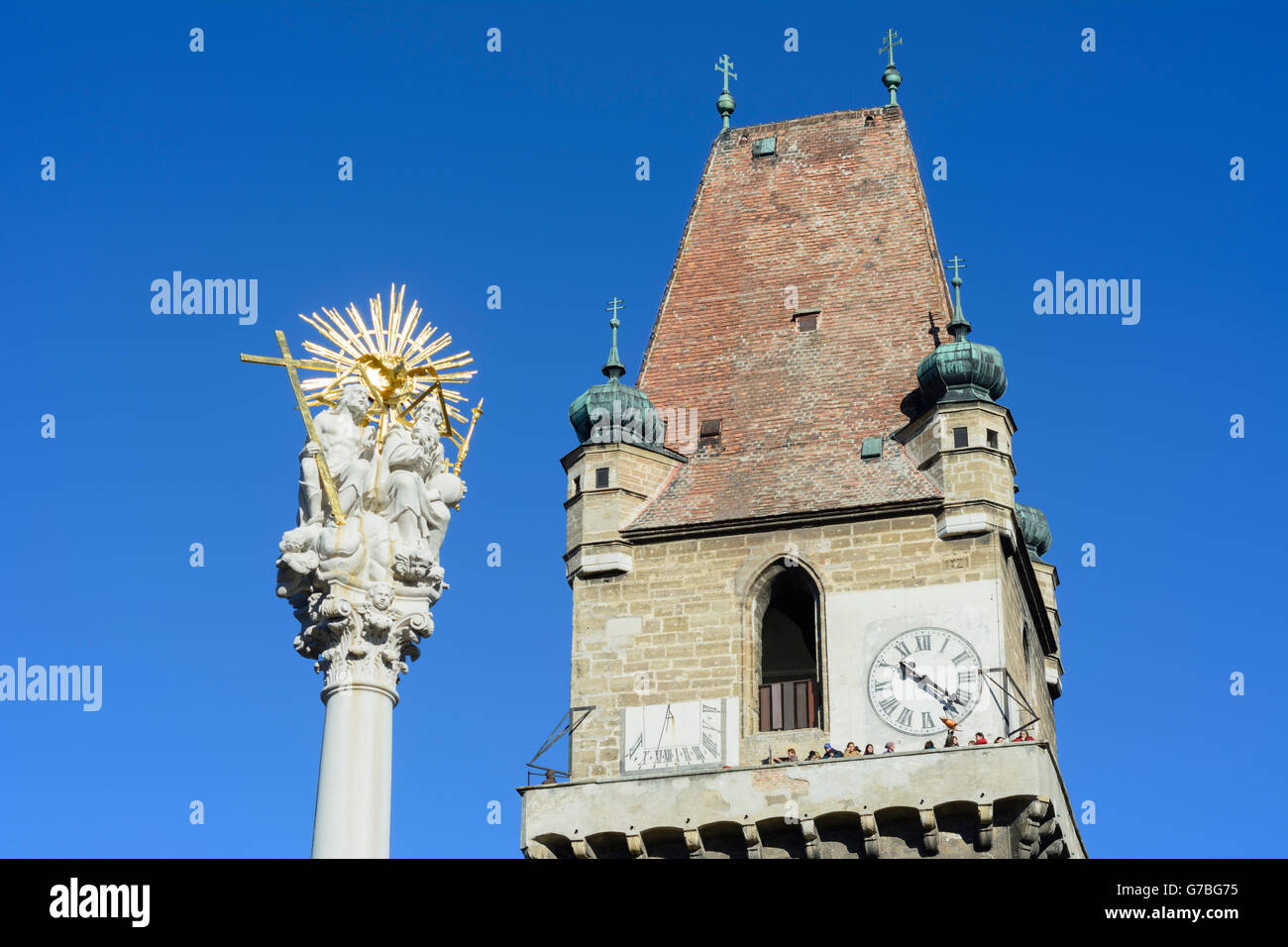 Trinity Column and tower, Perchtoldsdorf, Austria, Niederösterreich, Lower Austria, Wienerwald, Vienna Woods Stock Photo