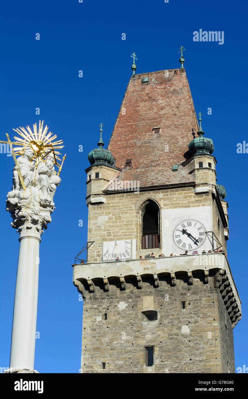 Trinity Column and tower, Perchtoldsdorf, Austria, Niederösterreich, Lower Austria, Wienerwald, Vienna Woods Stock Photo