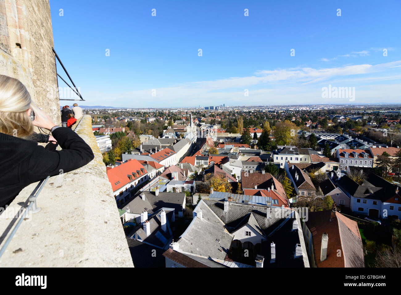 View from the tower on Perchtoldsdorf and the skyscrapers of the condominium Alt- Erlaa and on the Wienerberg, Perchtoldsdorf, A Stock Photo