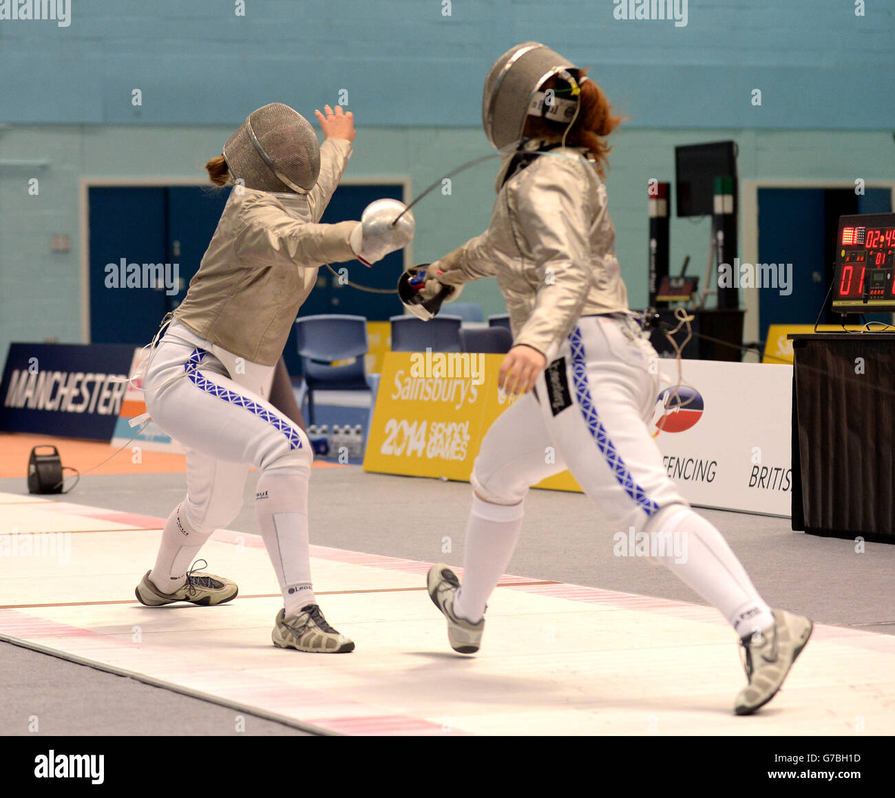 Action from the Women's Fencing Sabre final between Scotland's Jessica Corby and Kate Daykin at