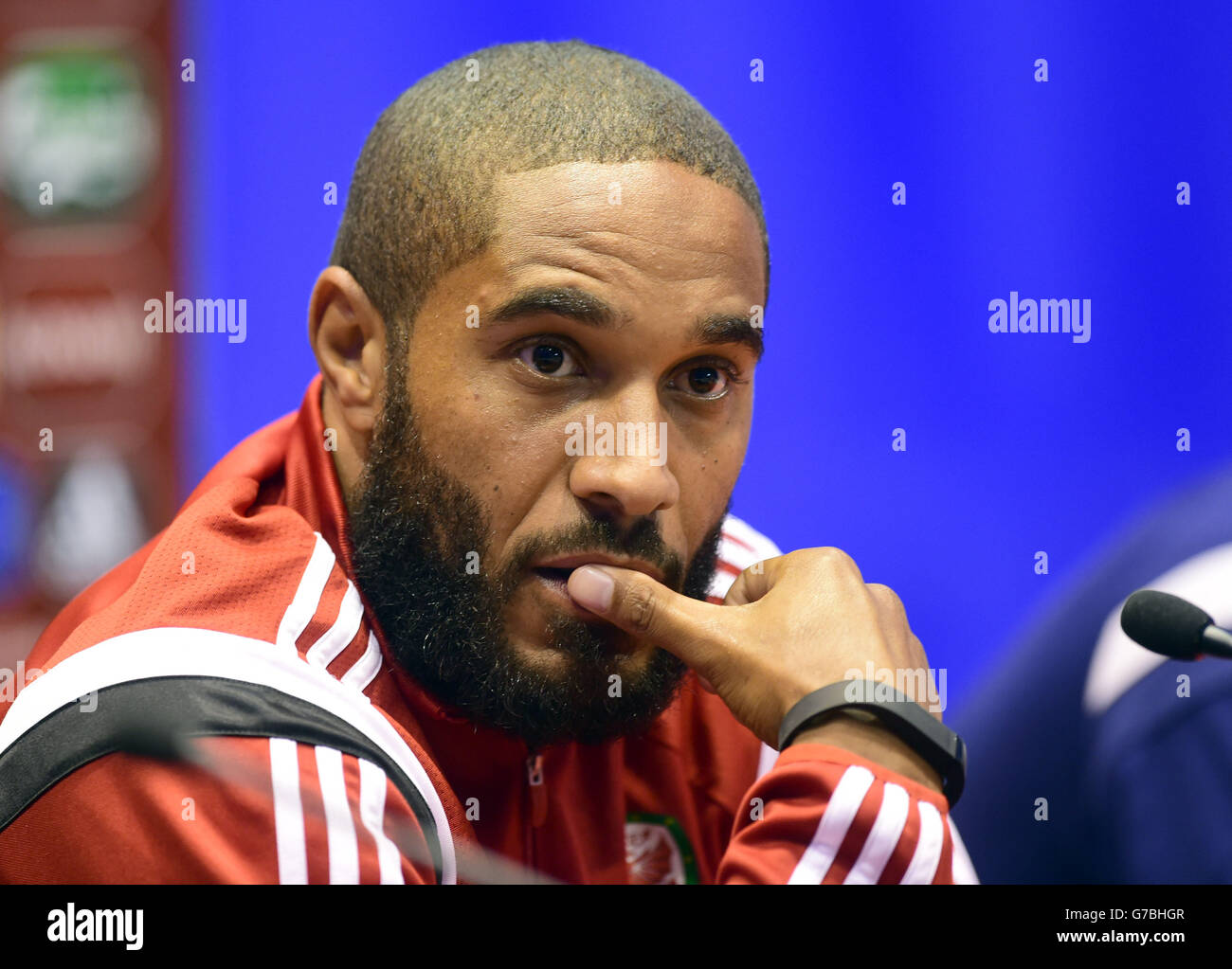 Wales' Captain Ashley Williams during a press conference at the the Camp d'Esports del M.I. Consell General, Andorra le Vella, Andorra. Stock Photo