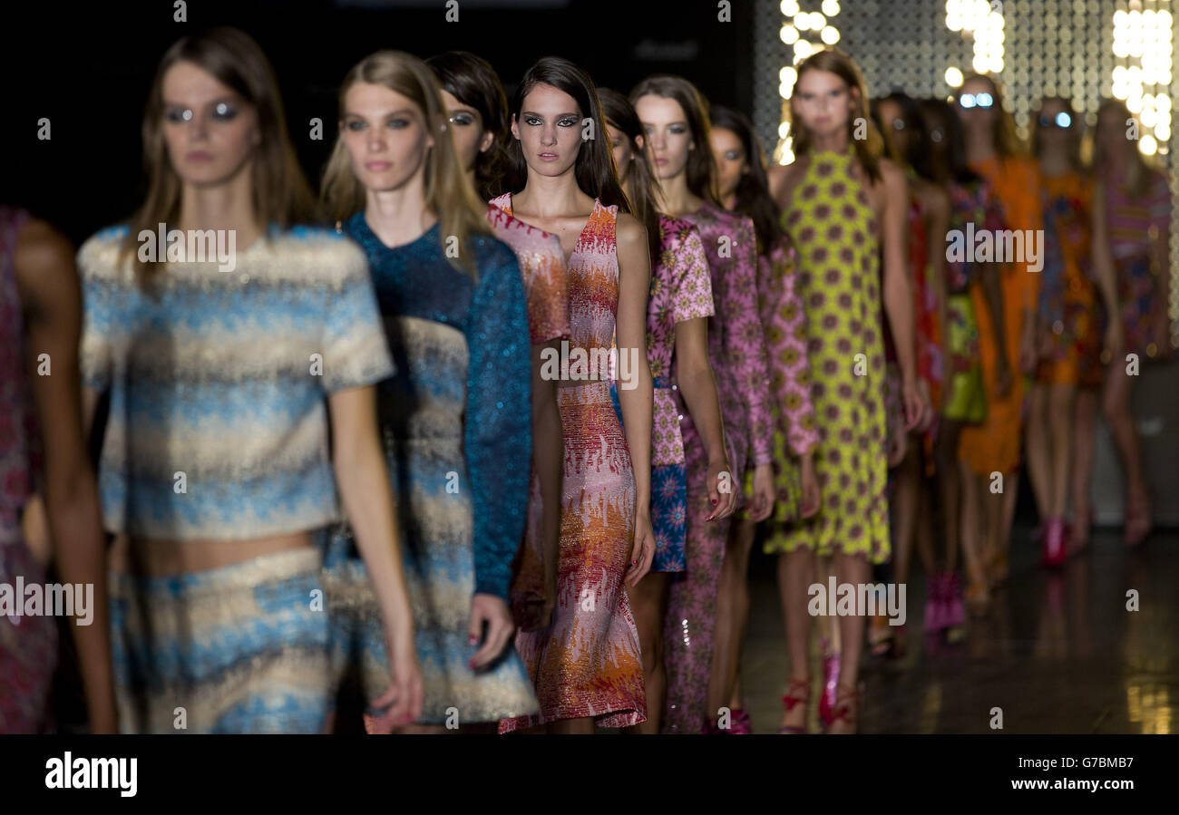 Models on the catwalk during the House of Holland catwalk show at Victoria House in London, during London Fashion Week. Stock Photo