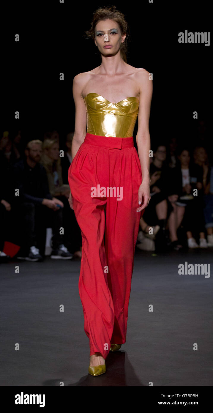 Emilio de la Morena Catwalk - London Fashion Week 2014. A model on the catwalk during the Emilio de la Morena catwalk show during London Fashion Week. Stock Photo