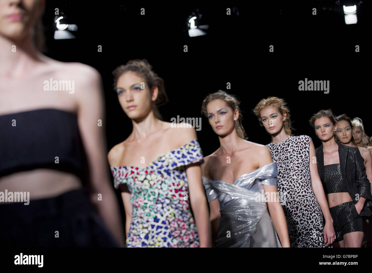 Models on the catwalk during the Emilio de la Morena catwalk show during London Fashion Week. Stock Photo