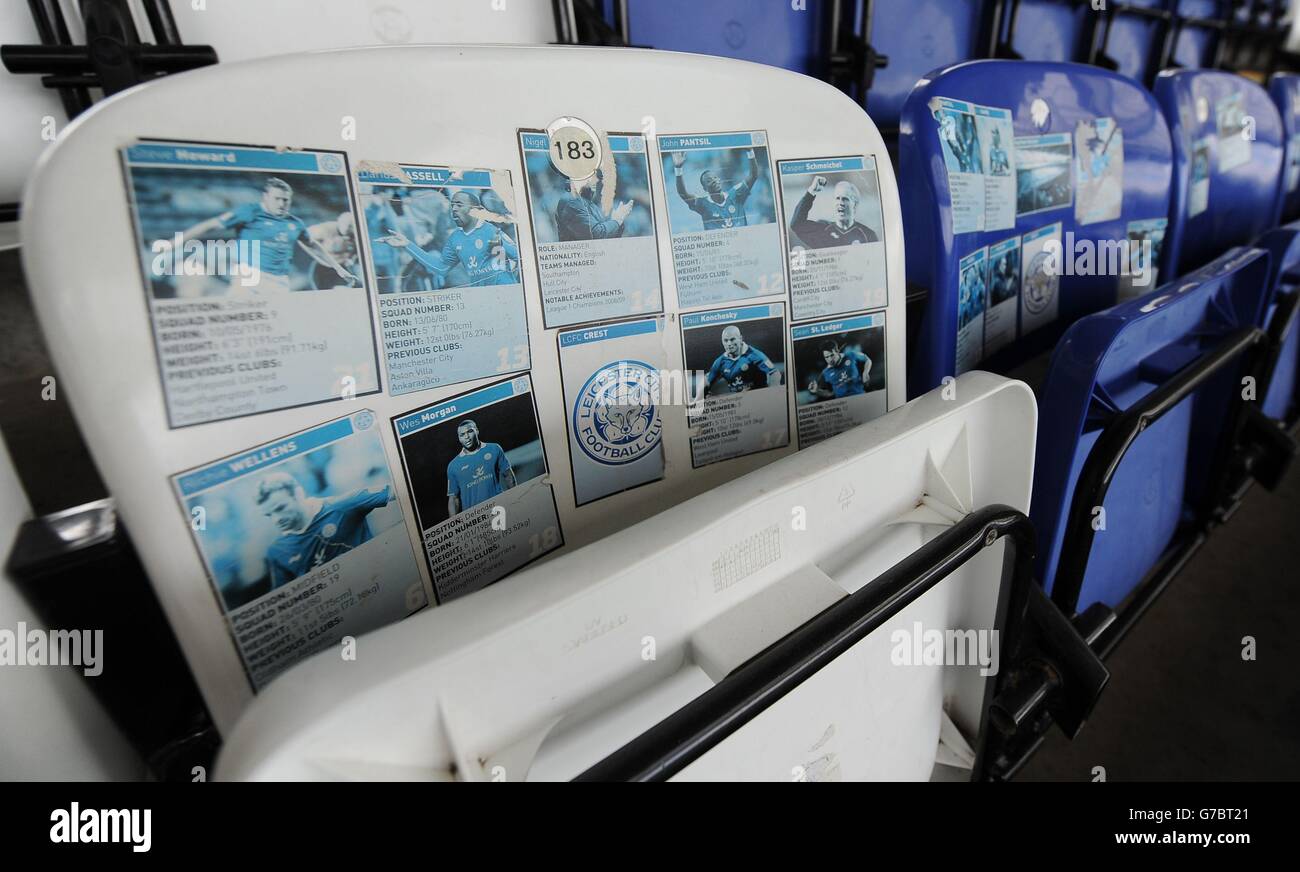 Panini football stickers stuck to the back of a seat inside the King Power stadium prior to the Barclays Premier League match at the King Power Stadium, Leicester. Stock Photo