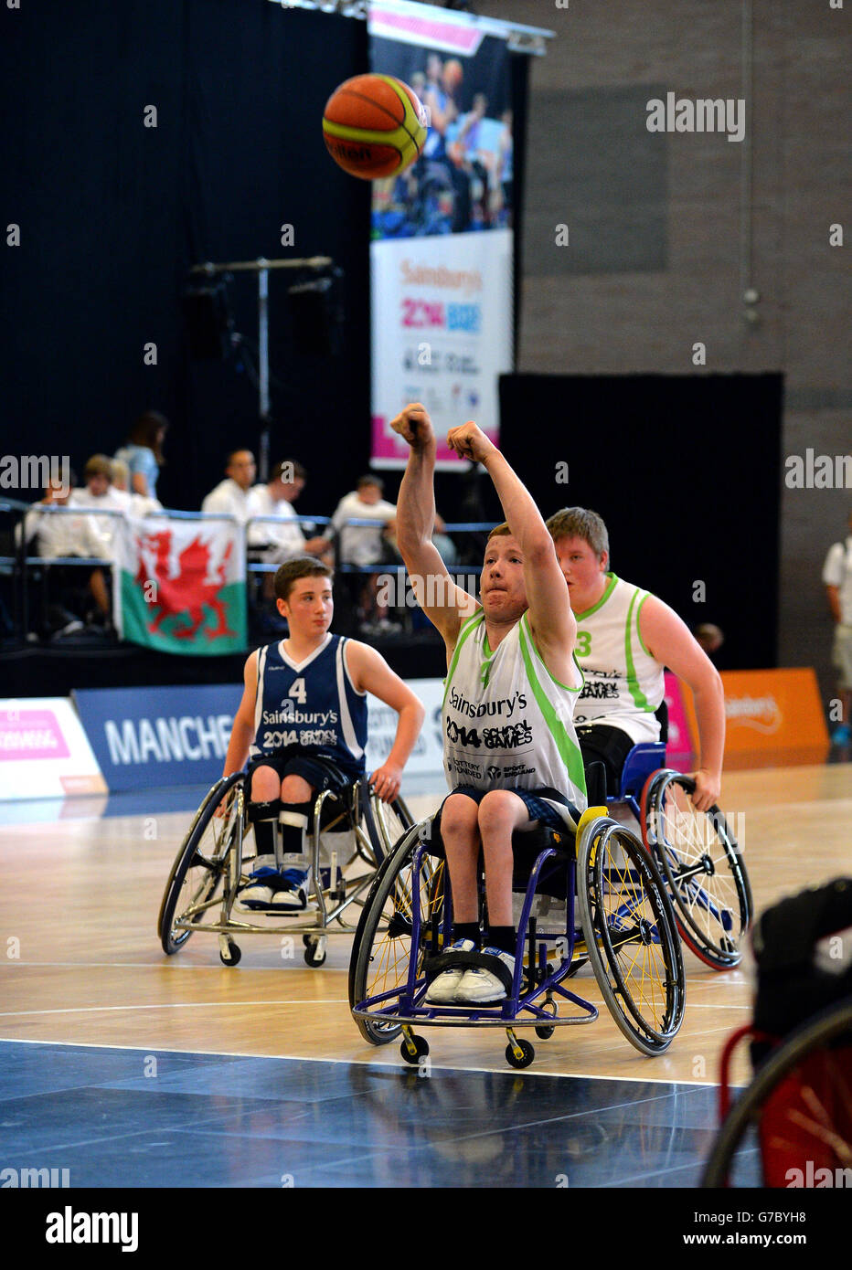 Action from the 5th/6th place match in the wheelchair Basketball between Scotland and Northern