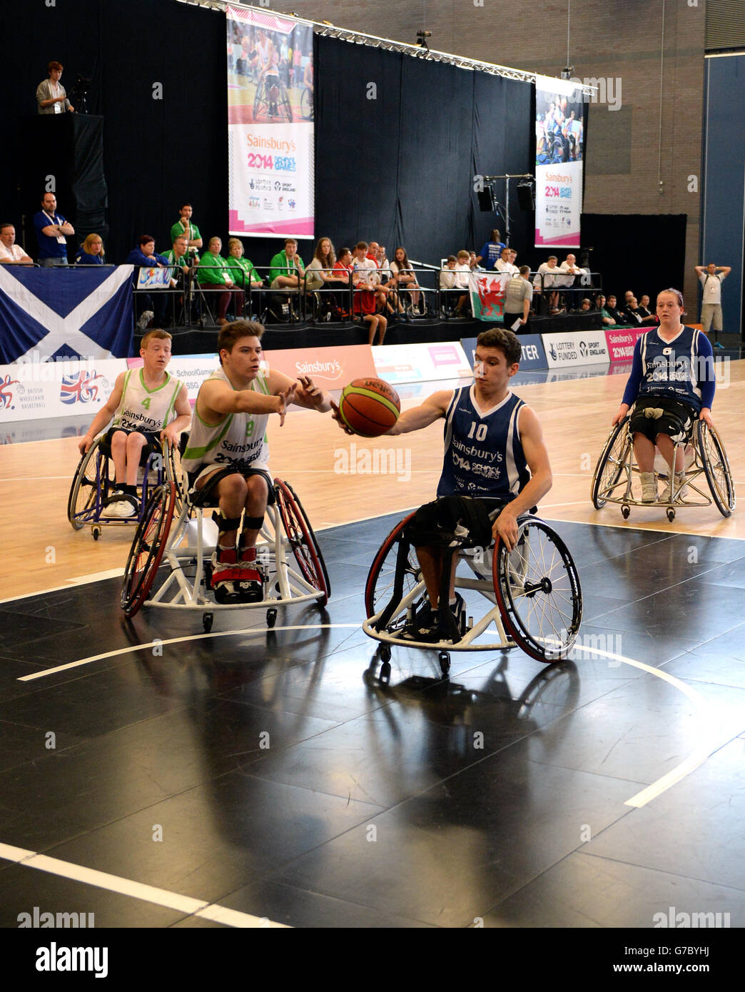 Action from the 5th/6th place match in the wheelchair Basketball between Scotland and Northern