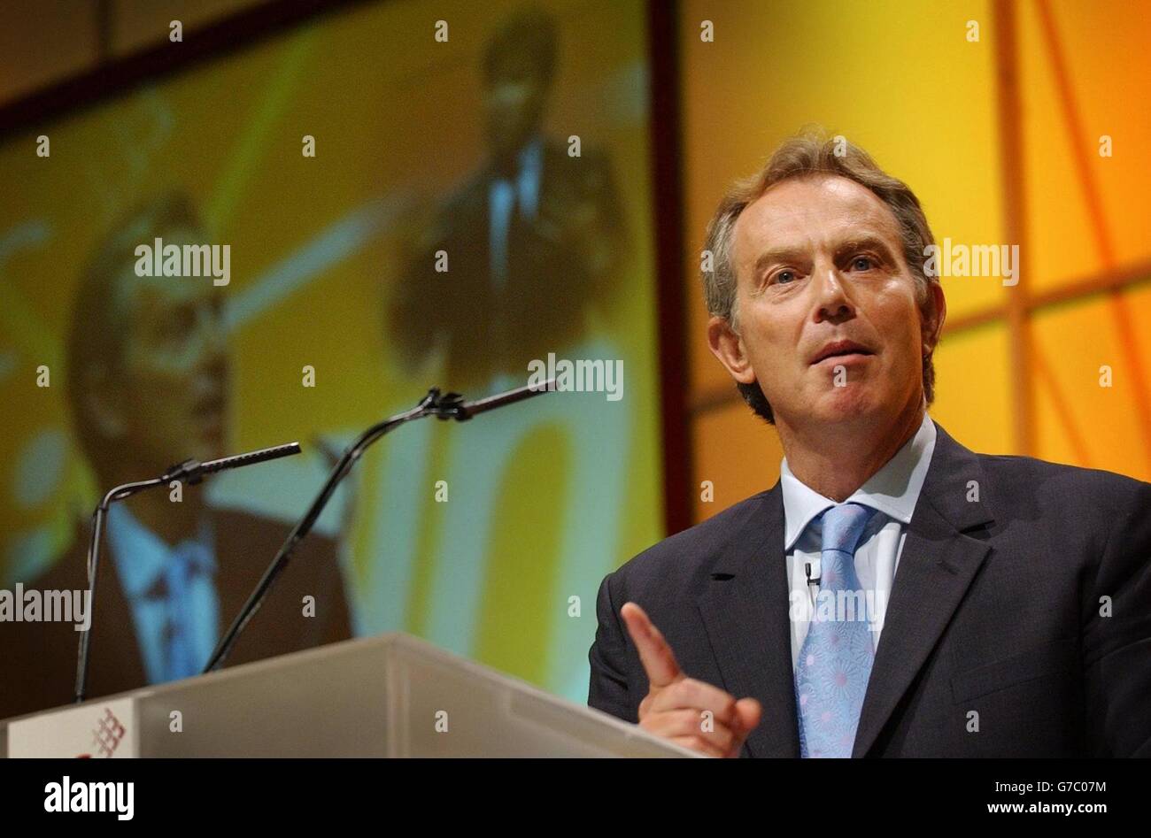 Britain's Prime Minister Tony Blair during his speech to the TUC Conference in Brighton. The Government was attacked for failing to repeal anti-union laws amid complaints that workers were still waiting for basic rights seven years after Labour came to power. Stock Photo