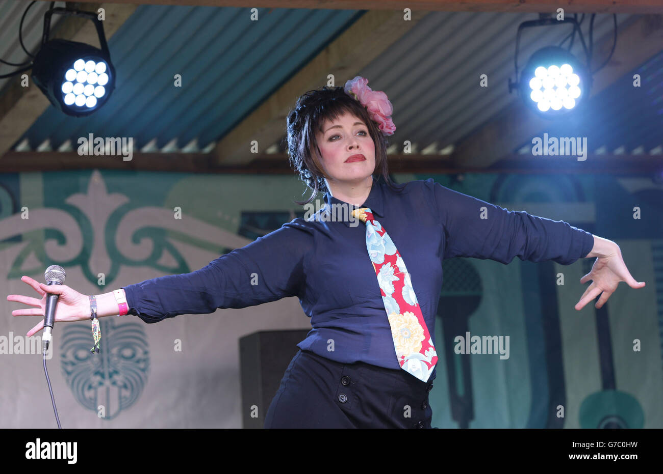 Lucy Bundy performing as 'Fake Bush' - her tribute to singer-songwriter  Kate Bush - at the Matua Sessions stage at Bestival, held at Robin Hill  Adventure Park, Isle of Wight Stock Photo -