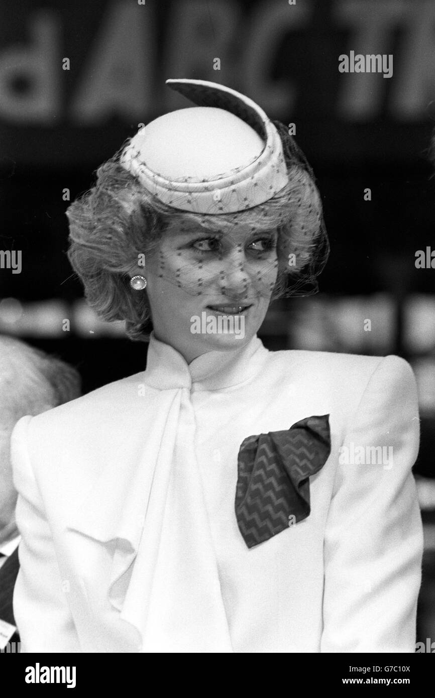 Diana, Princess of Wales, dressed in a veiled hat and matching outfit by designer Bruce Oldfield, opening the World Travel Market at Olympia in London. Stock Photo