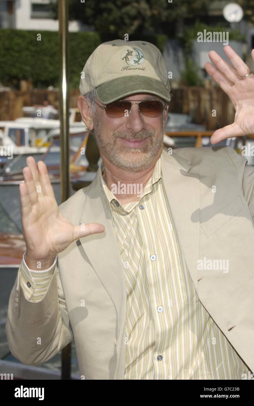 Director Steven Spielberg arrvies at the Lido in Venice to promote his new film Terminal during the 61st International Venice Film Festival. Stock Photo