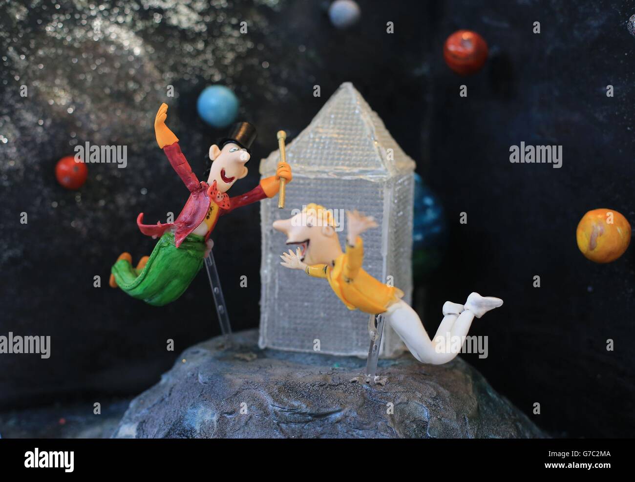 A cake depicting The Glass Elevator from Roald Dahl's book, Charlie and the Chocolate Factory made by Marisa Tamburrini as part of an exhibition of cakes celebrating Roald Dahl day on September 13 and the 50th anniversary of the children's book on display at the Ark gallery in Temple Bar Dublin. Stock Photo