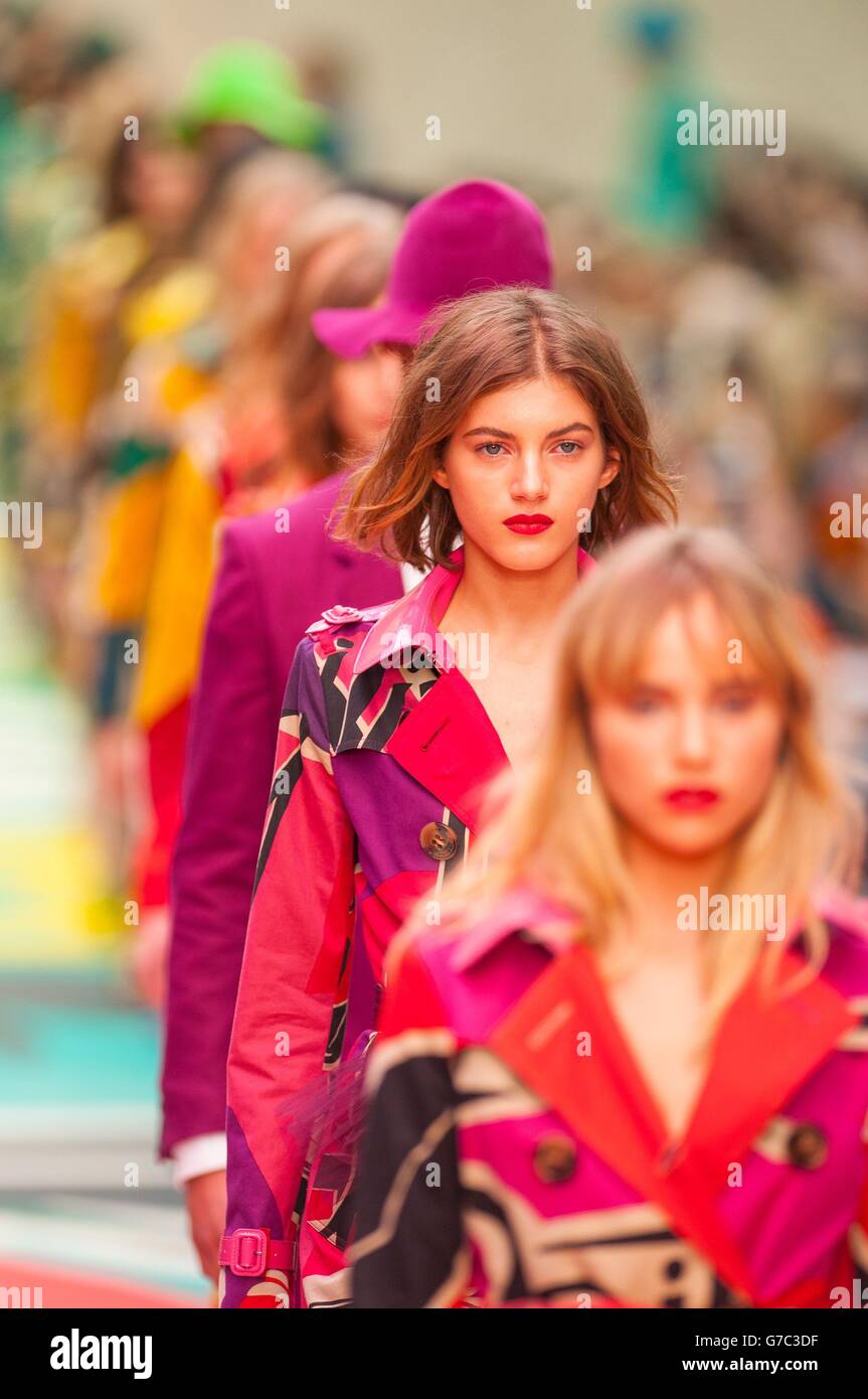 Models on the catwalk for the Burberry Prorsum womenswear catwalk show at the Albert Memorial, London, during London Fashion Week. Stock Photo