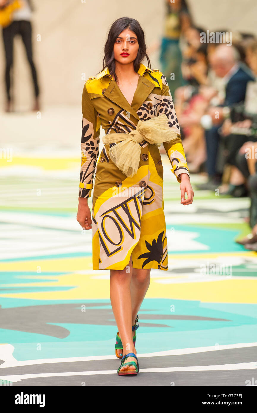 A model on the catwalk for the Burberry Prorsum womenswear catwalk show at the Albert Memorial, London, during London Fashion Week. Stock Photo